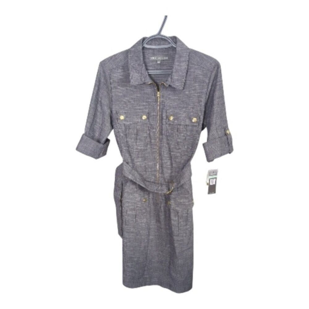 NWT Sharagano Belted Front Pocket Roll Tab Sleeves Shirt Dress Chambray Size 8